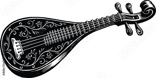 A beautifully designed vector illustration of a bouzouki with intricate floral patterns
