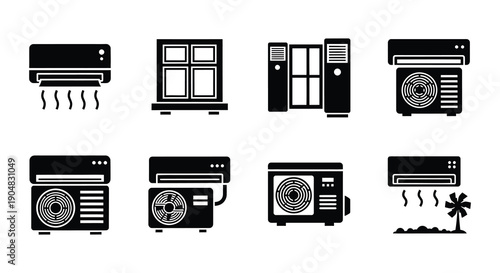 Black and white icons depicting various air conditioning units and windows