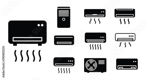 Black and white icons depicting various air conditioning units and windows