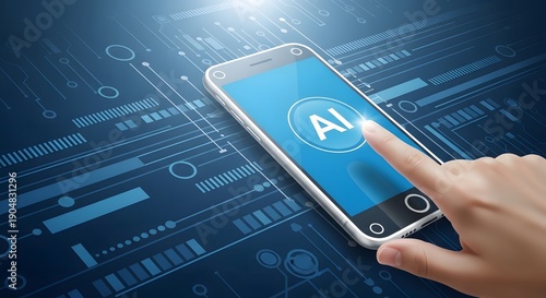 A hand interacting with a smartphone displaying an ai interface on a futuristic circuit board background
