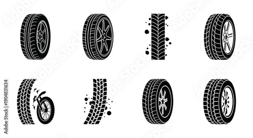 Various tire designs and tread patterns displayed in black and white