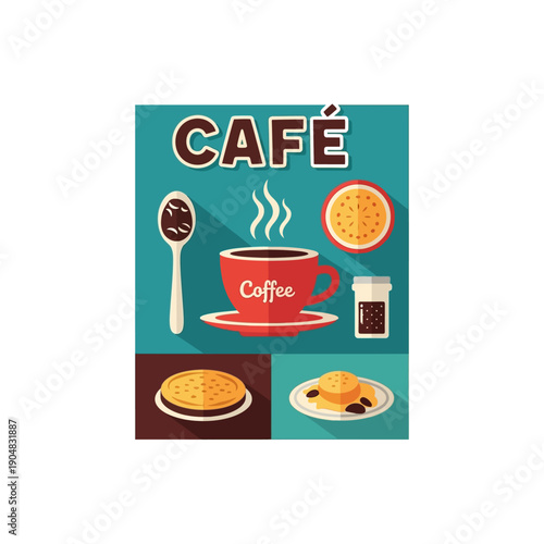 A vibrant illustration of a coffee cup with steam, accompanied by various breakfast items and a spoon of coffee beans, all set against a colorful background wit
