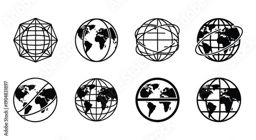 Black and white illustration depicting various perspectives of the earth