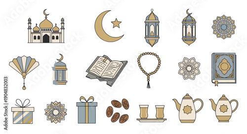 Islamic Icons Set: Ramadan, Eid, Mosque, Quran, Dates, Lanterns, Gifts, Tea, Moon