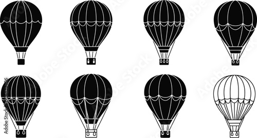Eight hot air balloons in various orientations
