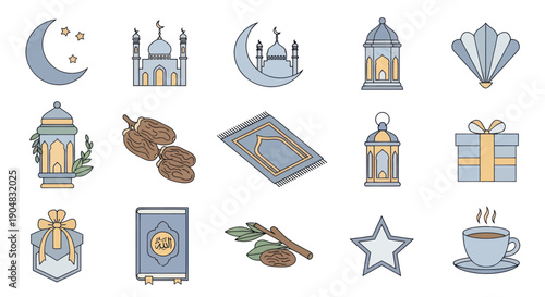 Ramadan Icons Set: Moon, Mosque, Lanterns, Dates, Quran, Gift, Prayer Mat, Coffee Cup