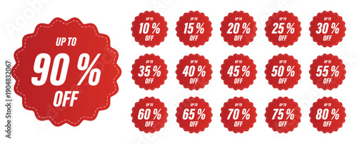 Red Discount Badge Set from 10 to 90 Percent Off Sale Labels