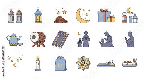 Ramadan Icons Set: Crescent Moon, Lanterns, Dates, Praying Figures, Gifts, Prayer Mat