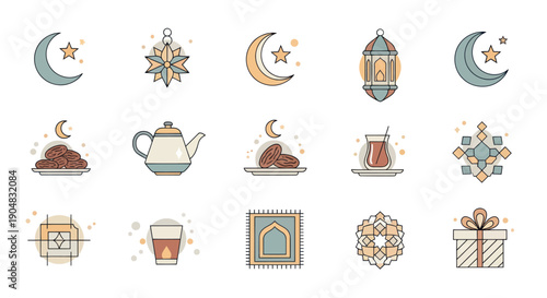Ramadan Icons Set: Crescent Moon, Lantern, Dates, Tea, Prayer Mat, Gift Box