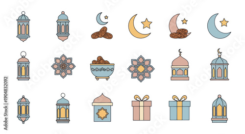 Ramadan Icons: Lanterns, Crescent Moon, Dates, Mosque, Gift Boxes, Geometric Patterns