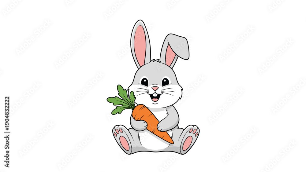 Obraz premium Adorable grey cartoon rabbit sitting on the floor and holding a large orange carrot with green leaves against a white background.