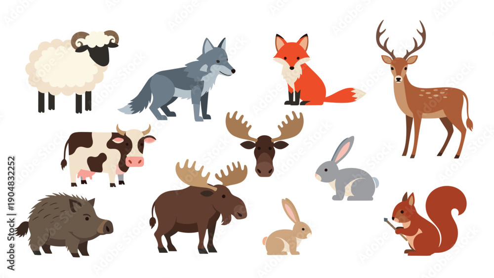 Obraz premium Diverse collection of forest animals including a sheep, wolf, fox, deer, cow, moose, rabbits, wild boar, and a squirrel with an acorn.