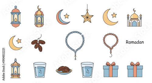 Ramadan Kareem Icons Set: Lanterns, Crescent Moon, Dates, Prayer Beads, Mosque, Gifts