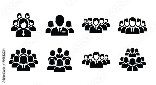 Black silhouettes depicting various sized groups of business people