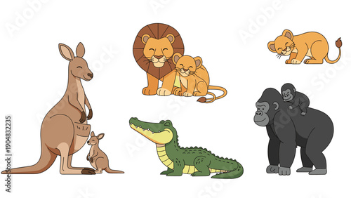 Charming set of safari animals including a kangaroo, lion family, crocodile, and a gorilla carrying its baby on its back on white.