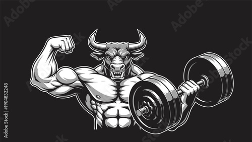 Black and white illustration of a powerful muscular bull character flexing his bicep and lifting a heavy dumbbell in a gym pose.