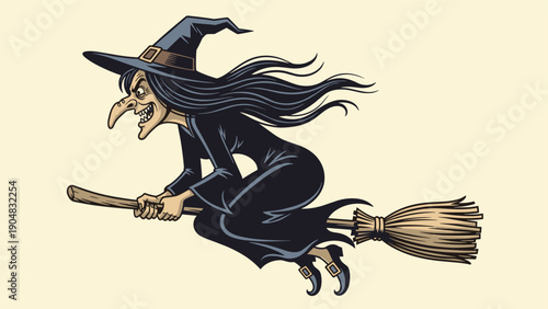 Classic illustration of a green-faced witch with a long nose and black hat flying through the air on her magical wooden broomstick.