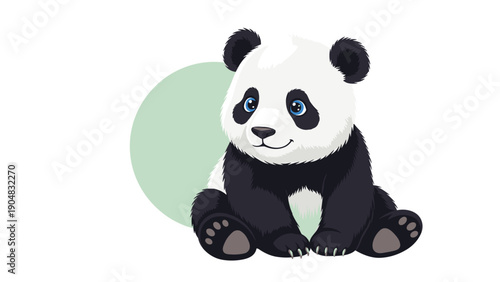 Adorable baby panda character with large blue eyes sitting calmly in front of a light green circular shape on a white background.