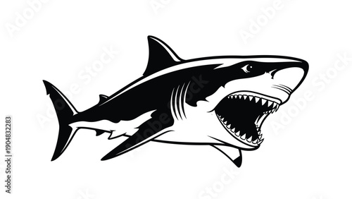 Detailed black and white silhouette-style illustration of a shark with its mouth open, swimming through white space in profile.
