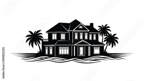a large house with palm trees and ocean waves presented as a silhouette