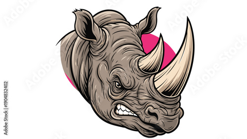 Detailed illustration of an angry rhinoceros head with large horns and a fierce expression set against a simple pink circular backdrop.