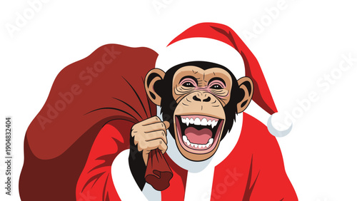 Joyful chimpanzee dressed as Santa Claus carrying a large red gift bag over his shoulder while laughing happily against a white background.