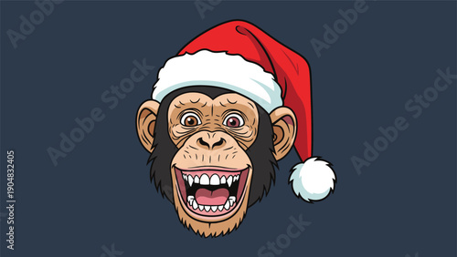 Smiling chimpanzee character wearing a festive red and white Santa hat with a wide-open mouth on a dark blue background for Christmas.