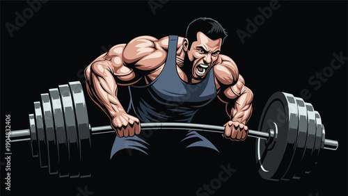 Intensely focused bodybuilder with bulging muscles straining to lift a heavy barbell against a solid black background during a workout.
