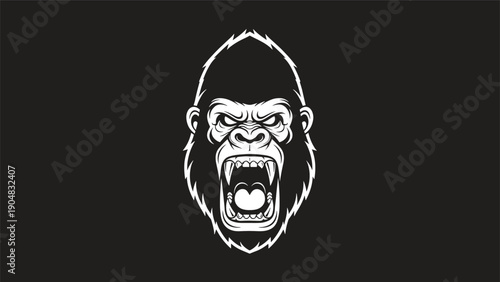Fierce and angry gorilla head silhouette with a wide-open mouth showing sharp fangs against a solid black background in high contrast.