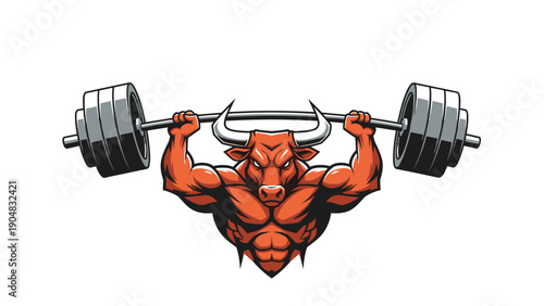 Powerful orange muscular bull character lifting a heavy barbell over its head to demonstrate extreme strength and bodybuilding prowess.