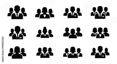 Black silhouettes depicting various sized groups of business people