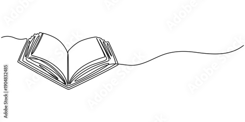 One line drawing of opened book isolated on white background.