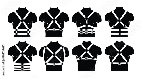 Black and white illustration of eight torsos with harness designs