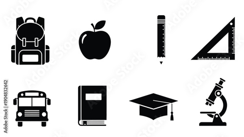 school icons featuring a backpack bus book and microscope silhouette