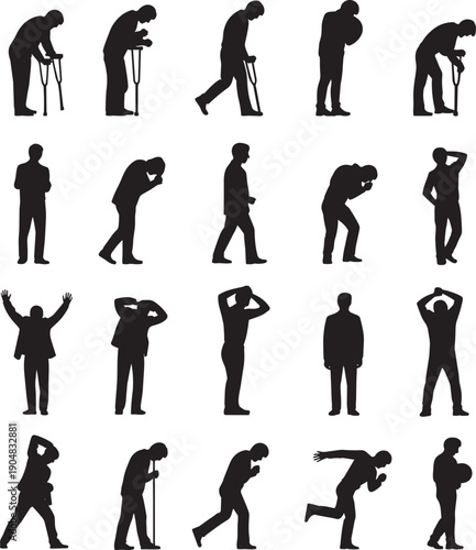 Silhouettes of elderly people with mobility issues and various postures