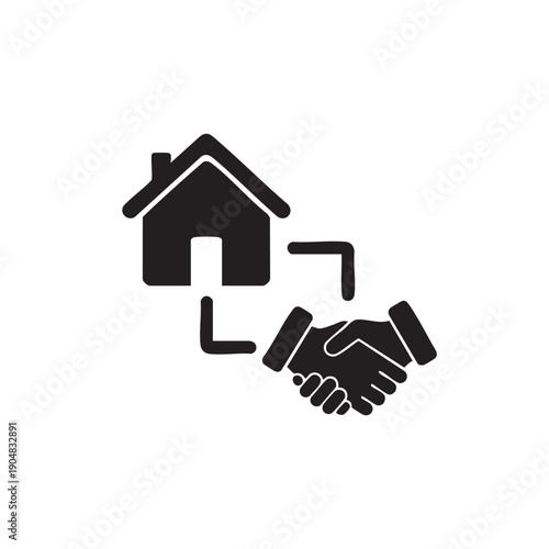 Real estate handshake icon featuring house symbol and agreement gesture for property mortgage contract closing home purchase success or agency partnership black flat vector illustration isolated