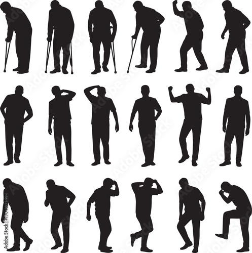 Silhouettes of elderly men showing various poses and mobility issues