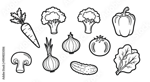 Black and white illustration of various fresh vegetables arranged in a grid