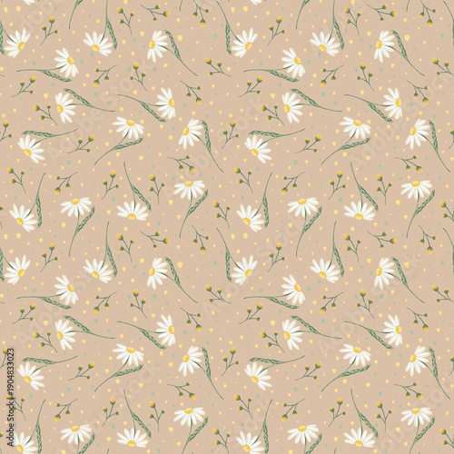 seamless beige pint pattern with chamomile flowers, dots