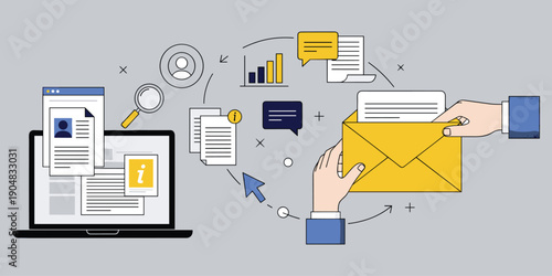 Digital communication illustration, online correspondence artwork, data sharing design, email delivery tribute, business collaboration graphic, modern connectivity , flat vector illustration