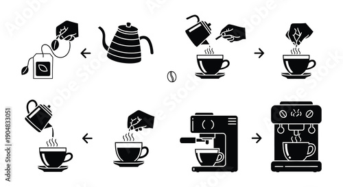 Black and white illustration of various methods for brewing and serving tea and coffee