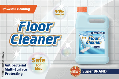 Floor cleaner package on shiny tile wall with several efficacies in 3d illustration. Fresh mint household product ad. Bath cleaning