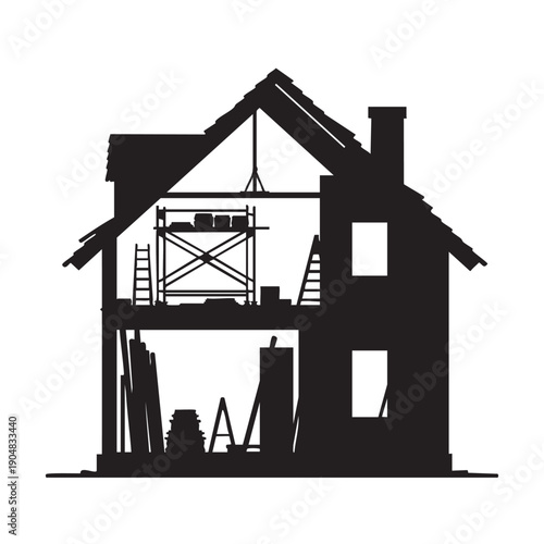 black silhouette of a two-story house under construction revealing interior scaffolding building materials ladders and exposed structural elements for renovation or new development project