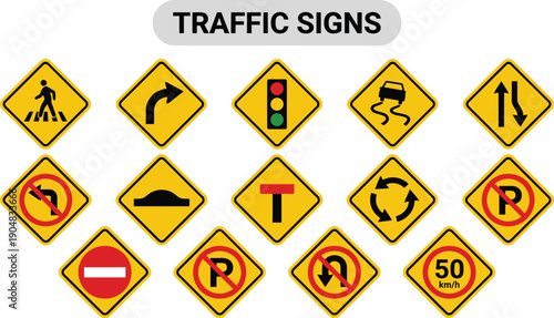A collection of various traffic signs and symbols in a vector graphic format
