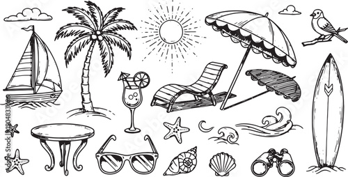 black and white beach line art illustration set