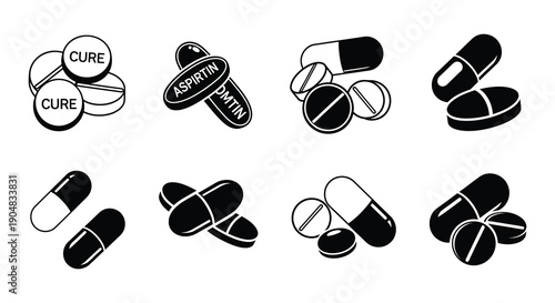 Black and white illustration of various pills and medicine tablets