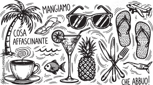 Black and white illustration of summer vacation objects