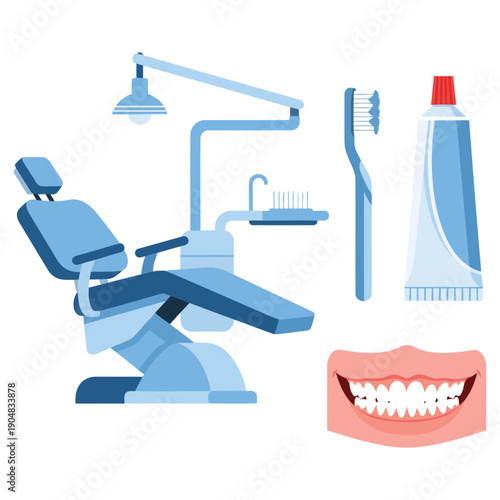 Illustration of dental care tools and a dentist chair setup for oral hygiene