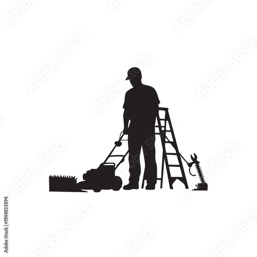 Gardener silhouette with lawn mower, hedge trimmer and ladder, professional landscaping and yard work concept, vector graphic