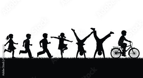 Happy children playing and exercising together in a field on a sunny day